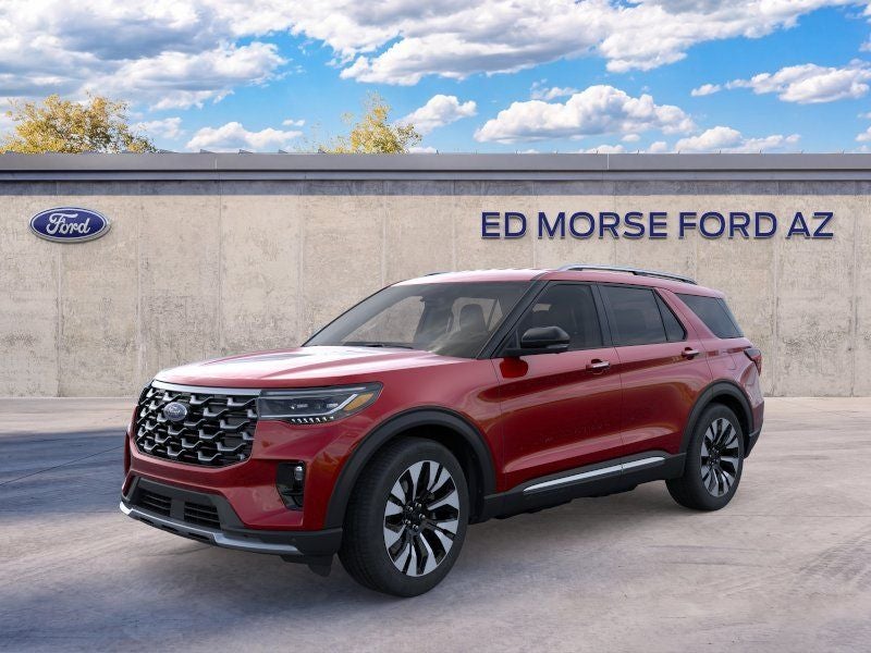 2026 Ford Explorer Platinum in Rapid Red Metallic Tinted Clearcoat — front three-quarter view